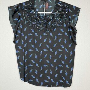 Anthropologie Ranna Gill Bird Print Boho Blouse Flutter Sleeve Embroidered M